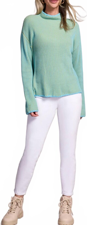 Tribal Combed Cotton Two-Tone Rib Funnel Neck Sweater In Mist Blue
