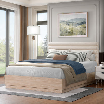 Hokku Designs Queen Wood Bed Frame With Boucle Fabric Upholstered Headboard