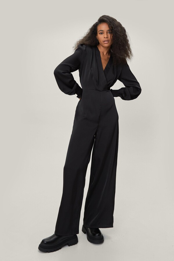 Petite black plunge long sleeve jumpsuit