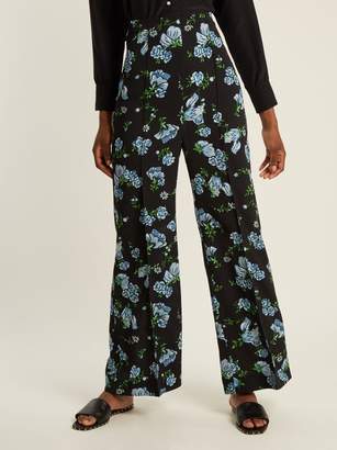 Emilia Wickstead Hullinie Floral Print Georgette Trousers - Womens - Black Blue