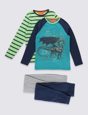 Marks and Spencer 2 Pack Dragon Print & Striped Pyjamas (6-16 Years)