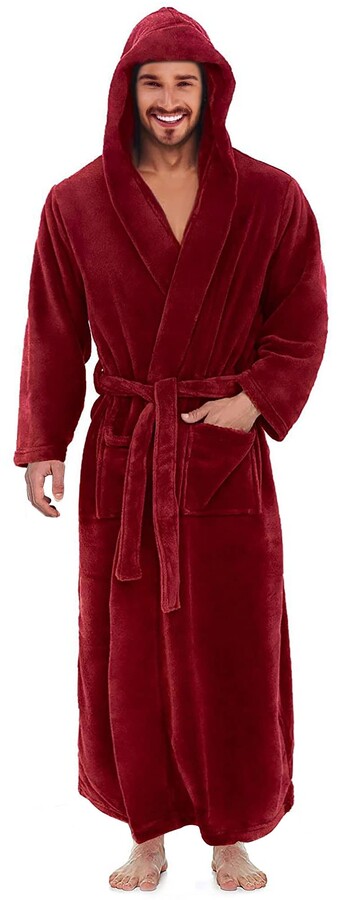 siliteelon Men's Fleece Bathrobe Hooded Shawl Collar Robe Fluffy Dressing Gown