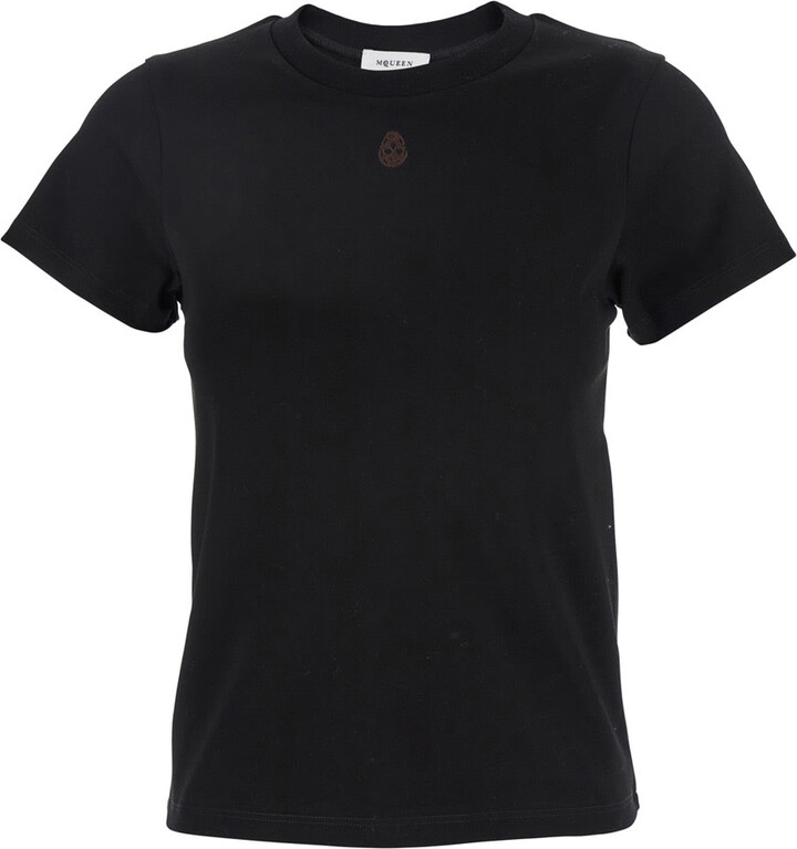 Alexander McQueen Black Crewneck T-shirt With Skull Embroidery On The Front In Cotton Woman