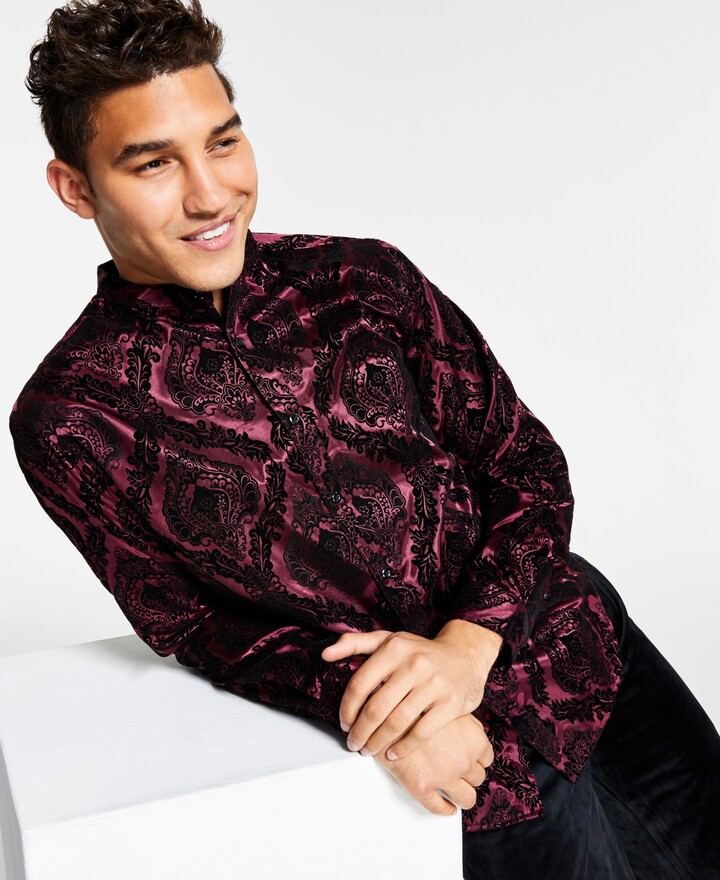 INC International Concepts Men's Flocked Baroque BandCollar Shirt