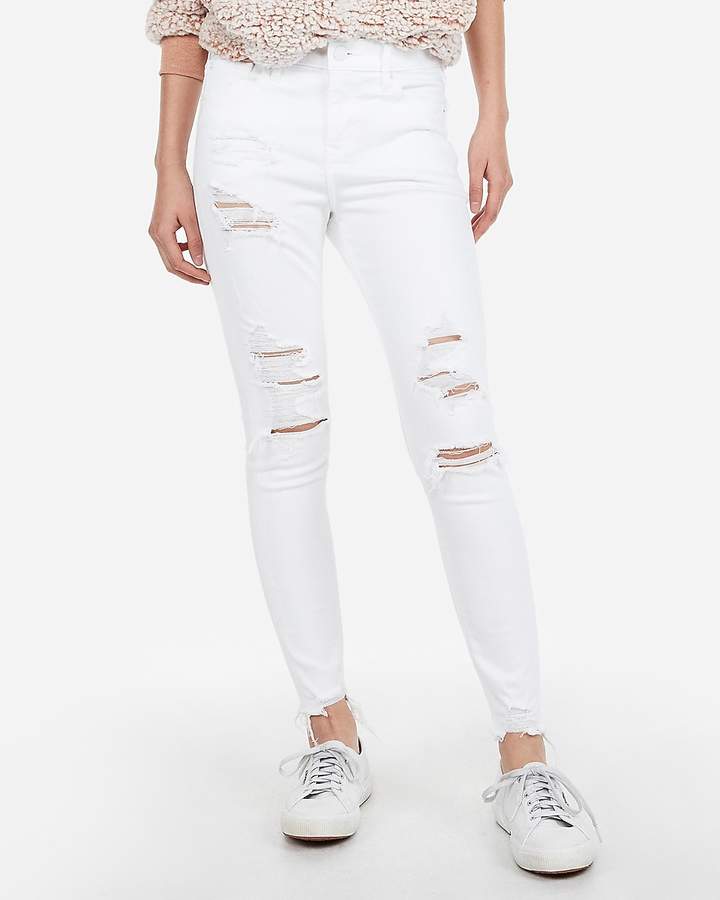 NEW EXPRESS WHITE MID RISE RIPPED STRETCH JEAN ANKLE LEGGINGS JEANS 0R 0