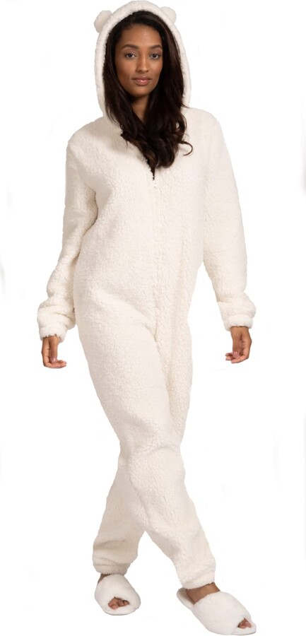 Lora Dora Womens Teddy Bear Onesie All in One Hooded Sherpa Fleece Pyjamas