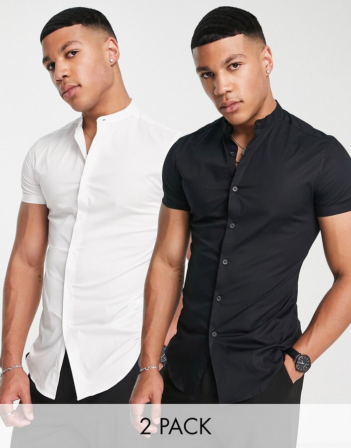 ASOS DESIGN 2-pack skinny shirts with grandad collar in white