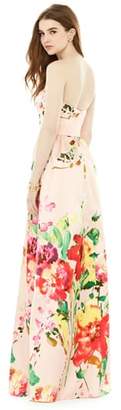 Alfred Sung Watercolor Floral Strapless Sateen A-Line Gown