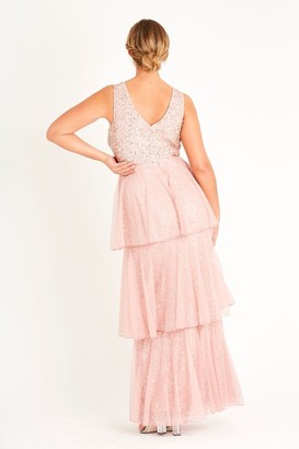Lace & Beads deep V sequin Maxi with a soft mesh layered skirt