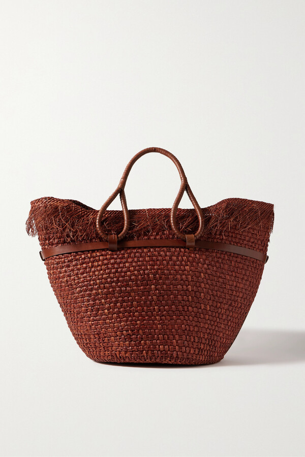 Zingara Designer Beach Bag Brown Woven Straw w Leather Trim &