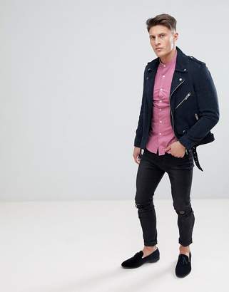ASOS Design Skinny Shirt With Grandad Collar And Short Sleeves In Pink