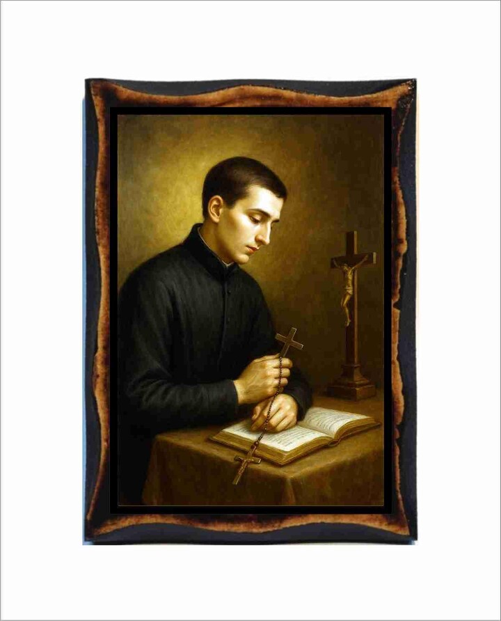 Saint Aloysius Gonzaga - Byzantine Icon Catholic Holy Card On Handmade Wood Plaque