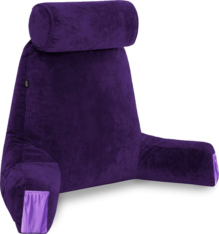 Husband Pillow Medium Purple, Backrest for Kids, Teens, Petite Adults - Reading Pillows With Arms, Adjustable Loft, Plush Memory Foam, Bed Rest Chair for Sitting Up, Detach Neck Roll, Removable Cover