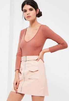 Missguided Petite Nude Ribbed Long Sleeve Bodysuit