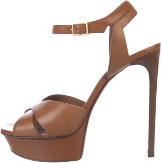 Saint Laurent Leather Sandals Brown Platform Crossover Straps & Buckle Closure at Ankles Includes Dust Bag