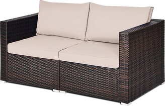 2PCS Patio Furniture Rattan Loveseat Sofa with Removable Cushion