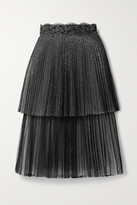 Thumbnail for your product : Christopher Kane Lace-trimmed Pleated Layered Point D'esprit Tulle And Metallic Mesh Midi Skirt - Black