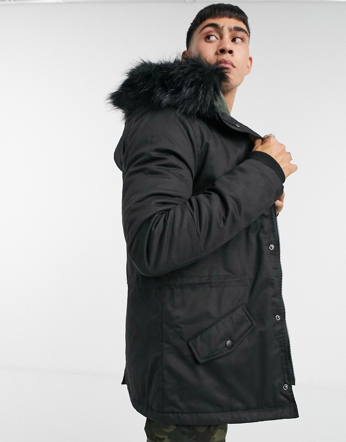 Sixth June parka jacket with faux fur hood trim in black - ShopStyle
