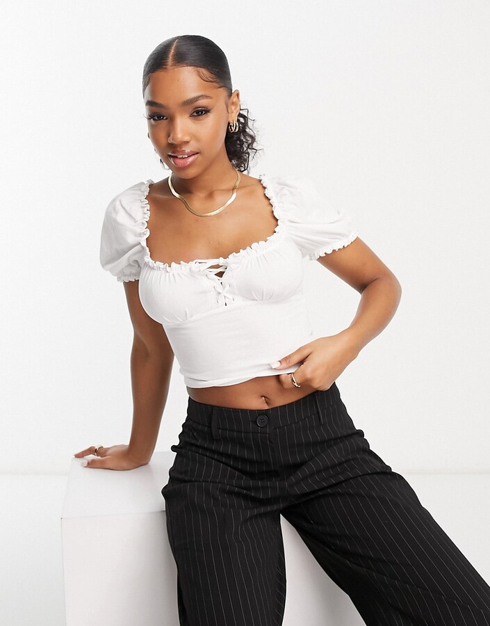 Miss Selfridge lace up milkmaid top in white - ShopStyle