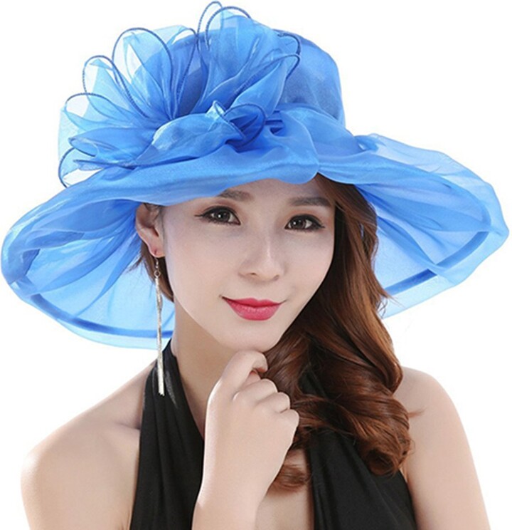 Gemini_mall® Women Lady Sun Hat Floral Oganza Wide Brim Flat Top Hat
