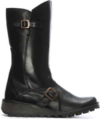 Fly London Mes Black Leather Low Wedge Calf Boots