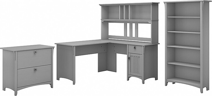 Bush Furniture Salinas 60"W L Shaped Desk with Hutch, Lateral File Cabinet and 5 Shelf Bookcase, Cape Cod Gray (SAL007CG)