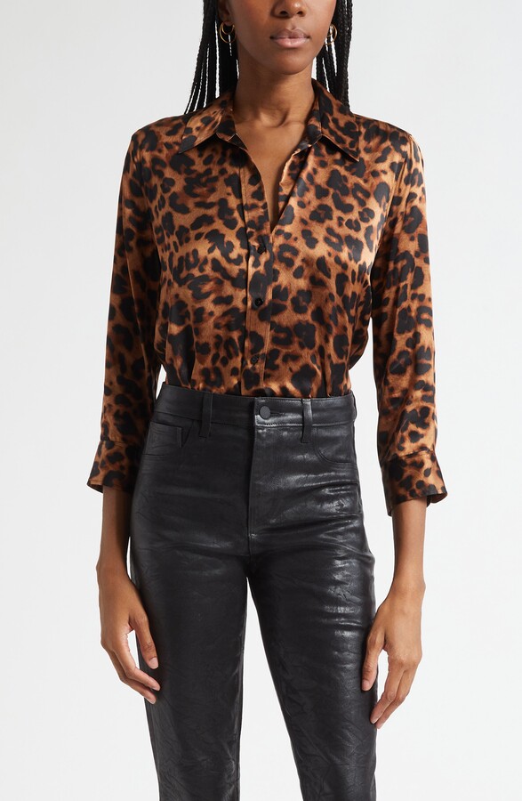 L'Agence Dani Leopard Print Silk Button-Up Shirt