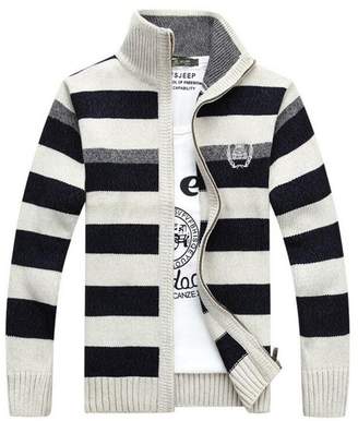 BATUOS Men's Full Zip Cadet Collar Striped Sweater Winter Fashion