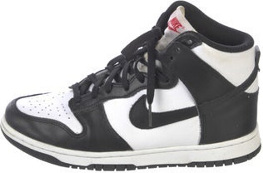 Nike Leather High Top Sneakers Black & White Colorblock Pattern Rubber Trim Round-Toes Lace-Up Closure at Uppers Unfortunately, due to restrictions, this item may not be eligible for shipping in all areas.