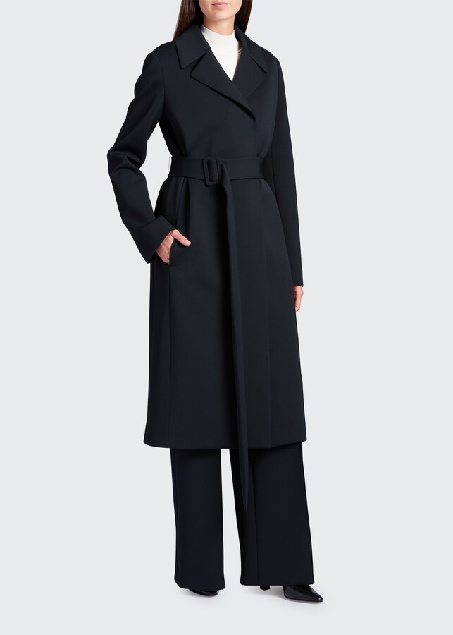 The Row Lau Belted Metallic Silk-jacquard Coat in Blue Womens Clothing Coats Long coats and winter coats 