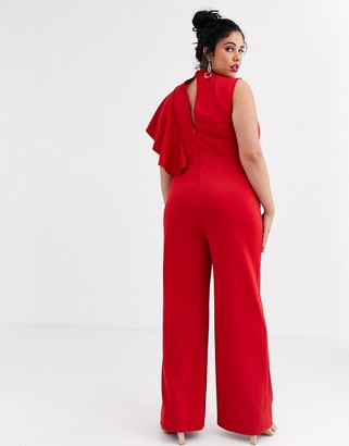 Chi Chi London Plus high neck scuba jumpsuit with frill detail in red