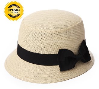 Siggi UPF50 Vintage Cloche Bowler Bucket Straw Hat for Women Summer Vacation Beige 55-57CM