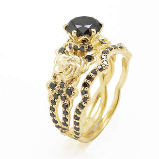 Black Diamond Etsy Engagement Ring Set 14K Yellow Gold Matching Rings Unique Engagement Rin