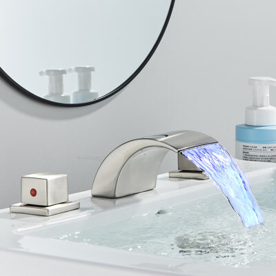 AlenArtWater Bathroom Basin Sink Brass Faucet 3 Holes Two Handles Deck Mount Mixer Tap Full Copper Waterfall LED Temperature Control Basin Faucet Bathtub Hot And