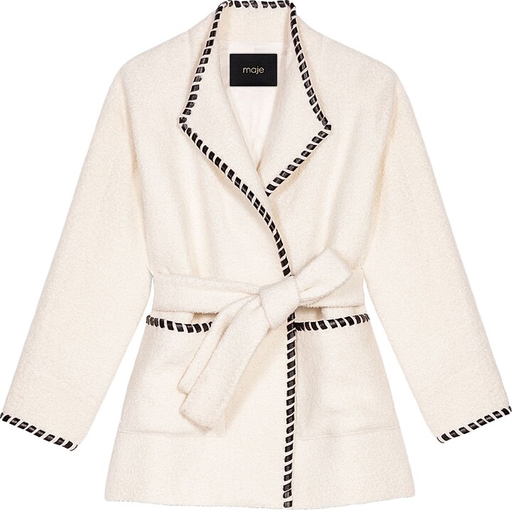 Women's Lined Coat with Contrasting Ribbon - Ecru Black - Size 2