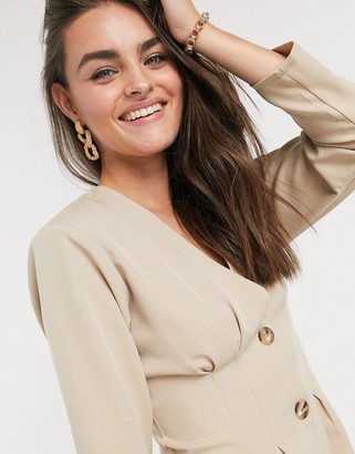 ASOS DESIGN nipped in waist dropped shoulder button through mini dress in soft camel