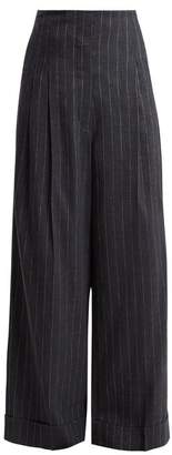 Brunello Cucinelli High Rise Pinstriped Linen Blend Trousers - Womens - Grey Multi