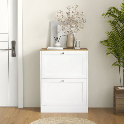 Ebern Designs Slim Shoe Cabinet For Entryway, Modern Hidden Shoe Storage Cabinet With 2 Flip Drawers And Adjustable Shelves For 12 Pairs Of Shoes