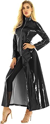dPois Women's PVC Leather Long Coats Front Zipper Wetlook Shiny ...