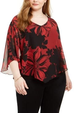 Connected Plus Size Printed Chiffon Cape Top