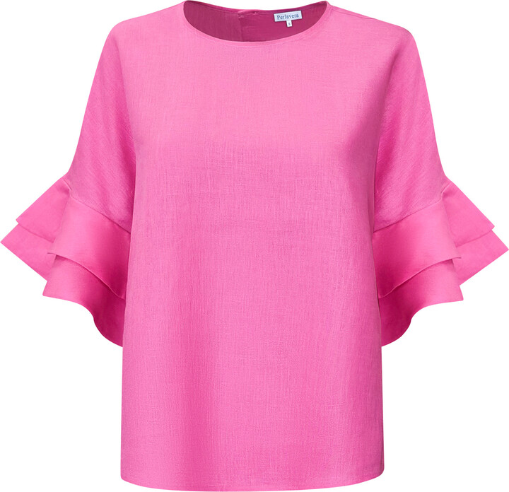 Perlavera Pink Lolan Carmina Rose Solid Linen Flare Sleeve Top