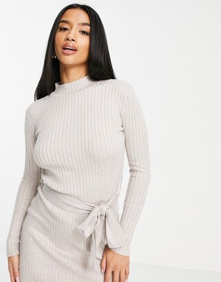 New Look Petite rib tie waist midi dress in oatmeal - ShopStyle