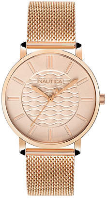 Nautica Ladies NAPCGP908 Coral Gables Rose Gold Mesh Stainless Steel Bracelet Watch Box Set + Blue/Beige Saffiano Leather Strap