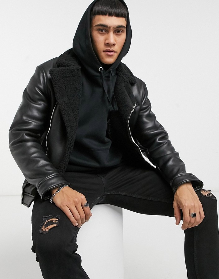 Bershka moto jacket in faux leather with sherpa collar in black - ShopStyle