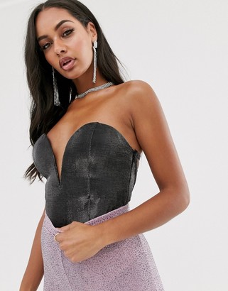 Rare London plunge front body with lace up back detail in metallic gunmetal