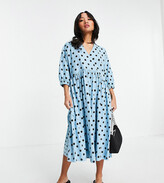 Thumbnail for your product : ASOS Petite DESIGN Petite midi smock dress with wrap top in blue and black spot
