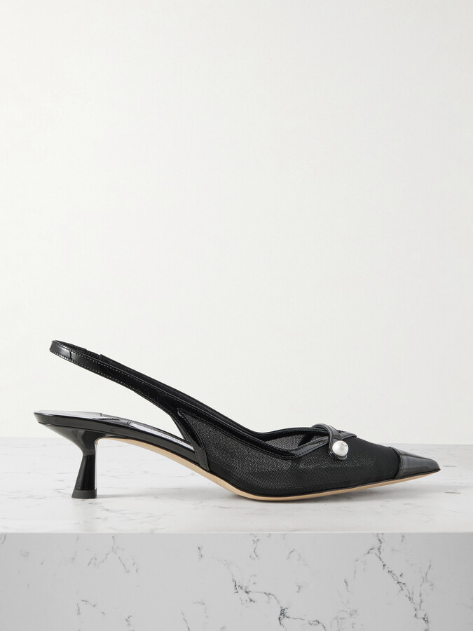Jimmy Choo Amita 45 Faux Pearl-embellished Leather-trimmed Mesh Slingback Pumps - Black