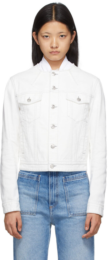 collarless black denim jacket