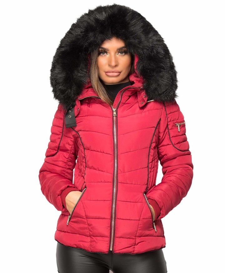 ladies red puffer jacket with fur hood