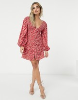 Thumbnail for your product : ASOS Petite DESIGN Petite v neck button through mini dress with shirring in red floral print